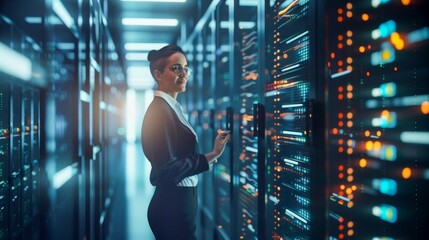 Poster - Professional Woman Analyzing Data Center Operations. Generative ai