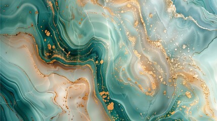 Wall Mural - Fluid Art in Green and Blue: Abstract waves of fluid design with vibrant colors, depicting a tranquil sea under bright lights