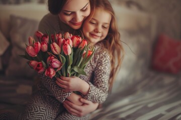 The little daughter hugs her mother and gives her a bouquet of flowers, mothers day, love