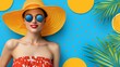   A woman in a yellow hat and sunglasses is depicted against a blue backdrop filled with oranges and palm fronds