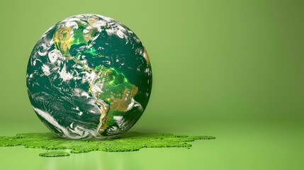 a green earth nestled in a lush green field, with a droplet of water trickling from its surface