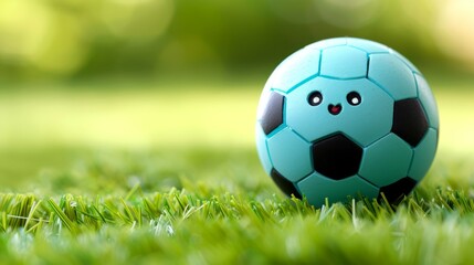   A soccer ball lying in the grass, drawn with a face