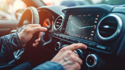 Fototapete - The concept of transportation, technology, and vehicles is illustrated by a man using a touchscreen interface to control his car, using a touch panel button for system control, GPS and DVD, with