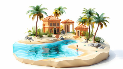 Wall Mural - Desert Oasis 3D Icon: Couple Exploring Tranquil Palm Trees and Shimmering Pool in Cartoon Style