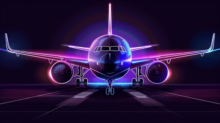 Wall Mural - An airliner flying at full speed is depicted against a black background with neon lights on the sides of its body