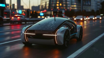 Leinwandbilder - This 3D rendering illustrates an autonomous self-driving electric car changing lanes and overtaking a city vehicle.