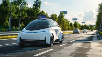 Poster - Three dimensional rendering of a self-driving, autonomous electric car on the road.