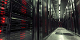 Fototapeta  - Closeup reliable website hosting provider, server cabinet room interior, copy space. Server room background with buttons and wires.