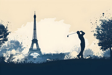 Golf player with club against the backdrop of the Eiffel Tower. Monochrome illustration. Concept of the Olympic Games in Paris 2024