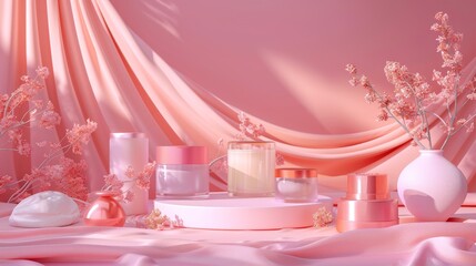 Leinwandbilder - Fashion beauty pink color background for cosmetic product display in 3D. Natural beauty backdrop for cosmetic product display in 3D.