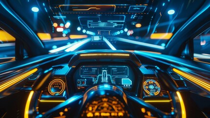 Fototapete - An interface based on holograms displaying a car view through the head-up display, UI GUI. Hardware diagnostics of the car in real-time. A virtual graphical interface, UI GUI, HUD for scanning,