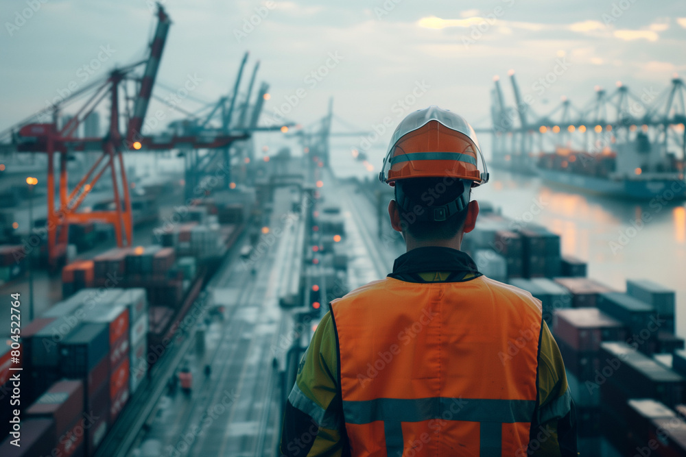 A port worker in safety gear stands on the dock, overlooking rows of ...