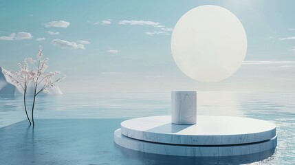 Leinwandbilder - Backdrop for cosmetic product display with natural beauty podium. Abstract 3D scene composition background with seascape.