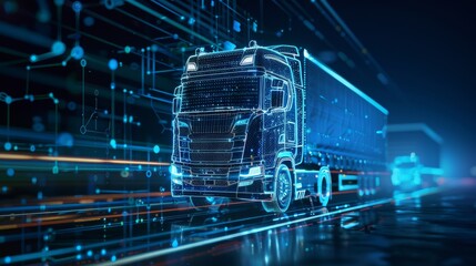 Fototapete - Intelligent autonomous truck. Unmanned truck. Artificial intelligence controls the autonomous truck. Hologram car style in HUD/UI/GUI. Hardware diagnostics, analyze and diagnose the car.