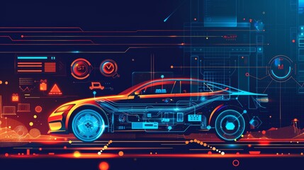 Fototapete - SET futuristic car service, scanning, and data analysis. Intelligent car banners. Futuristic smart cars and icons. Modern illustration.