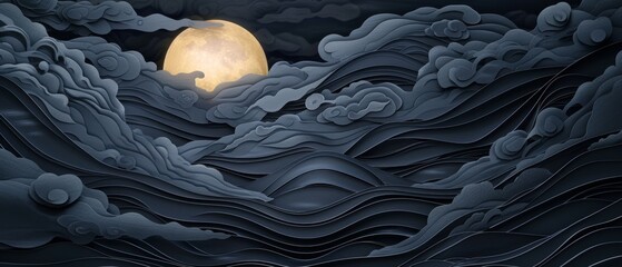 Poster - Modern image with hand drawn wave and water elements in the style of a vintage Asian moonlight background.