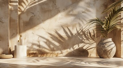 Leinwandbilder - The natural beauty poduim backdrop is applied with stone texture and a tropical palm leaves shadow for cosmetic product display. It is rendered in 3D.