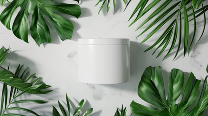 Leinwandbilder - Empty white cylinder box in summer scene with tropical palm leaves. For cosmetic product display. Flat lay. Top view. 3D render.