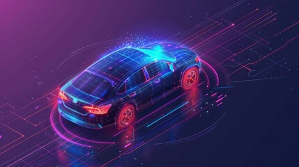 Fototapete - The concept of smart cars. Digital holograms of cars in HUD style, with dashboard speedometers. (HUD, GUI, VFX)