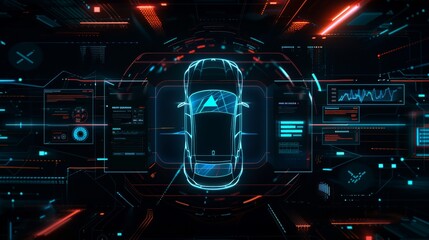Fototapete - The design is modern with HUDs, UIs, GUIs, and UXs. Car service infographics. Virtual graphical interface. Autoscann. Hologram. After the car scans the road. 3D scan.