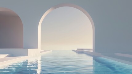 Fototapete - The background is an abstract scene with geometrical shapes, an arch with a swimming pool in natural daylight. There is a minimal 3D landscape behind the abstract scene.