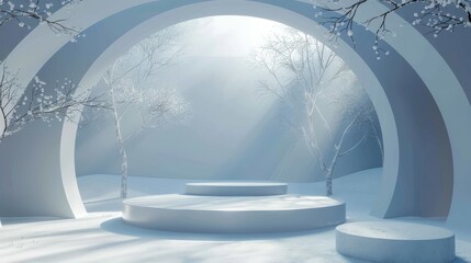 Poster - 3D render of abstract winter scene with geometrical forms, arch with podium, minimal background, surreal background.......