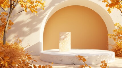 Poster - Autumn scene with geometrical forms, arch and podium in natural daylight. Background rendered in 3D.
