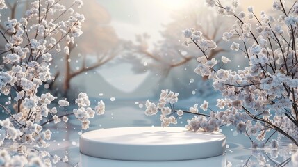 Leinwandbilder - Backdrop for cosmetic product displays featuring natural beauty products. Winter scene backdrop....