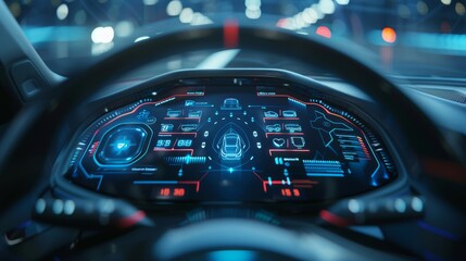 Fototapete - A holographic display depicted a realistic car with options, parameters, and settings similar to a head-up display, a user interface, or a GUI of a car. HUD style car interface. Smart panel with car