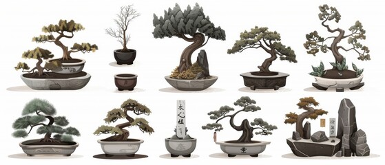 Aufkleber - Bonsai tree modern objects. Asian icons with Japanese elements. For logos, flyers and presentations.