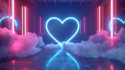 Poster - This futuristic modern empty stage features a glowing neon heart shape and a cloud in front of a reflective dark room.