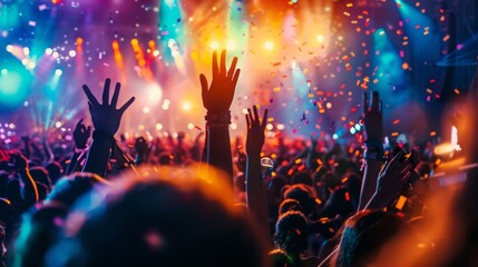 Poster - A dynamic crowd of people raises their hands in the air at a lively concert, showing excitement and solidarity.
