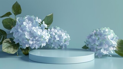 Poster - An organic podium backdrop with Hydrangea flowers for displaying products. A 3D render of the presentation.