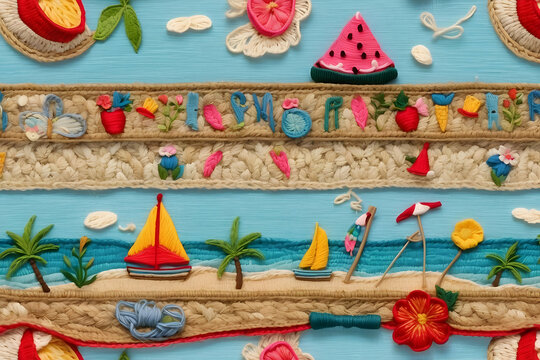 Crafted textile design showcasing beach elements like sailboats, seashells, and flowers, against a sea-blue backdrop Reflects holidays and fun