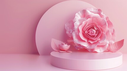 Poster - Background for product display with pink rose flowers. 3D model.
