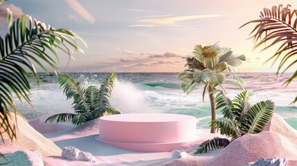 Aufkleber - Summer beach scene with podium backdrop. 3D rendering.