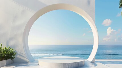 Aufkleber - Scene with geometrical forms and a podium in natural daylight. Sea view. Background in 3D rendering.