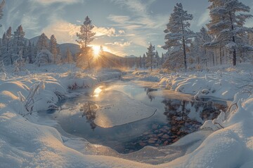 Poster - Breathtaking winter scene with the sunrise over a partially frozen stream and snow