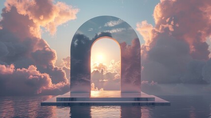 Aufkleber - An elegant, natural beauty podium backdrop with a dreamy cloud and arch frame. A 3D seascape night scene set in a maritime environment...