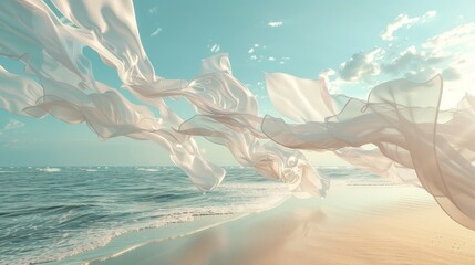 Leinwandbilder - Summer beach scene with flying cloth in 3D.