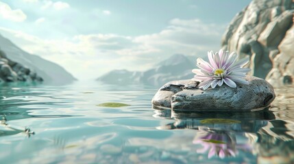 Poster - 3D seascape background with stone and wildflowers on the water. Natural beauty podium backdrop for product display.