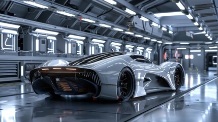 Sticker - Detailed rendering of a generic Technich concept car in the SciFi Factory lab with Thunderbolt technology