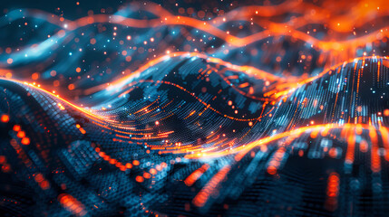 Poster - Glowing data binary code background with digital particles and orange lights