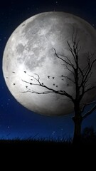 Wall Mural - vertical full moon night sky silhouette 4k loop features a starry night sky with a full moon and a d