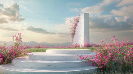 Poster - This is a scenic podium backdrop adorned with a spring rose flower field scene rendered in 3D.
