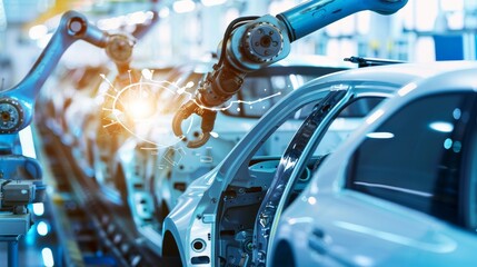 Poster - Automated robot arm assembly line creating electric vehicles using AI computer vision. Futuristic analysis and scanning of production efficiency using AI computer vision.