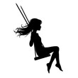 Silhouette of a girl swinging on a swing, black on white.