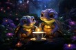 Animated short Twilight Teacup Turtles, capturing the adventures of miniature turtles as they navigate a fantastical garden at dusk, meeting other nocturnal creatures
