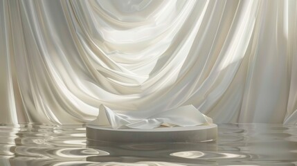 Aufkleber - An elegant podium backdrop with floating fabric on a rippled water background, rendered in 3D.