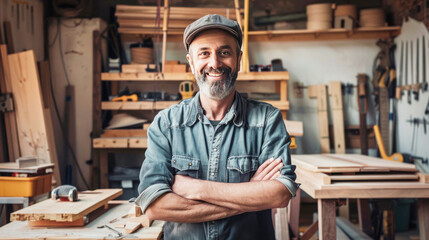 Wall Mural - A portrait of smiling male carpenter standing in front of his woodwork workshop